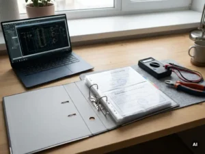 Netjes georganiseerde bureau met open map met elektrische certificeringsdocumenten, precisiegereedschap en laptop met digitaal schema.