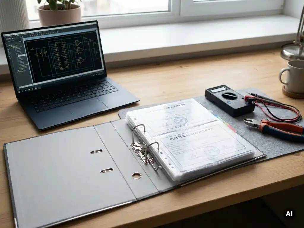 Netjes georganiseerde bureau met open map met elektrische certificeringsdocumenten, precisiegereedschap en laptop met digitaal schema.