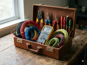 Netjes georganiseerde elektrische gereedschapskist op houten werkbank, digitale multimeter, kleurrijke draden, zacht natuurlijk licht.