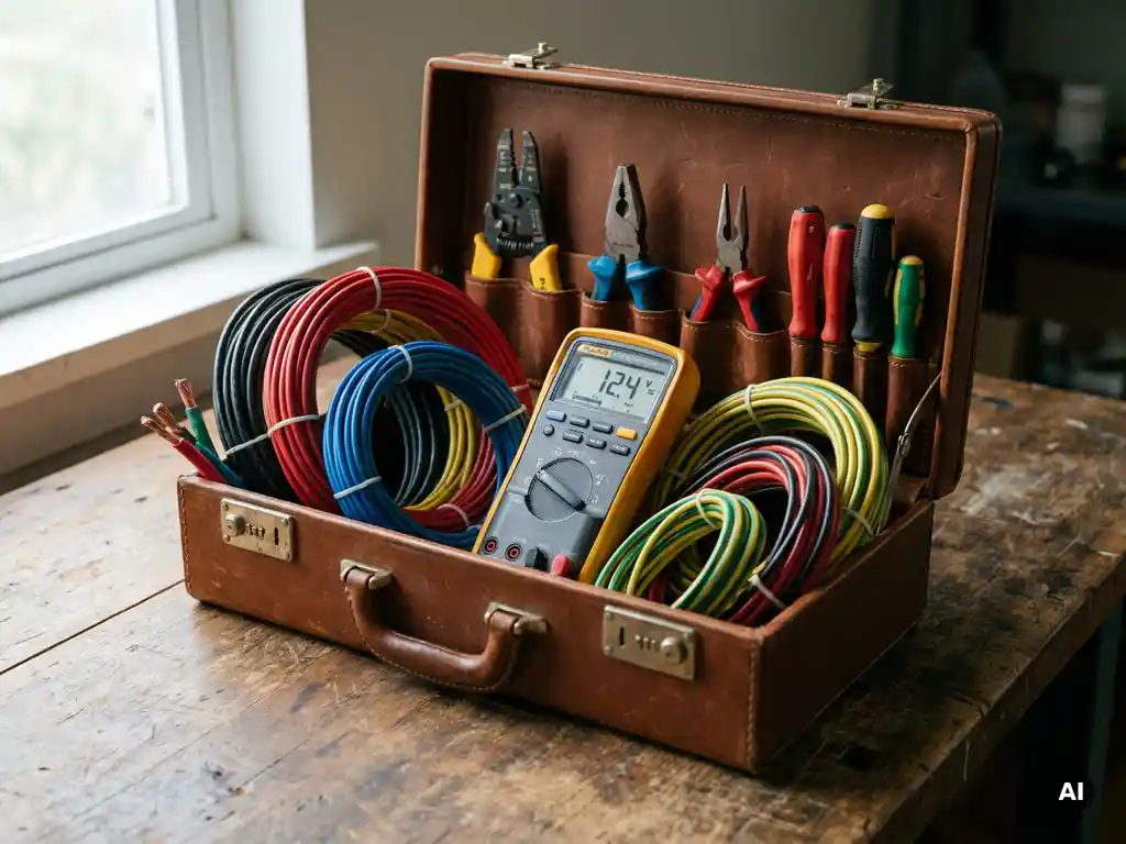 Netjes georganiseerde elektrische gereedschapskist op houten werkbank, digitale multimeter, kleurrijke draden, zacht natuurlijk licht.