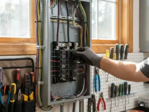 Close-up van een hand die een schakelaar in een elektrische schakelkast aanpast, omringd door netjes georganiseerde draden en gereedschap.