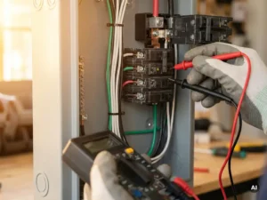 Moderne elektrische schakelkast met hand die multimeter gebruikt, draden netjes georganiseerd, warme natuurlijke verlichting.