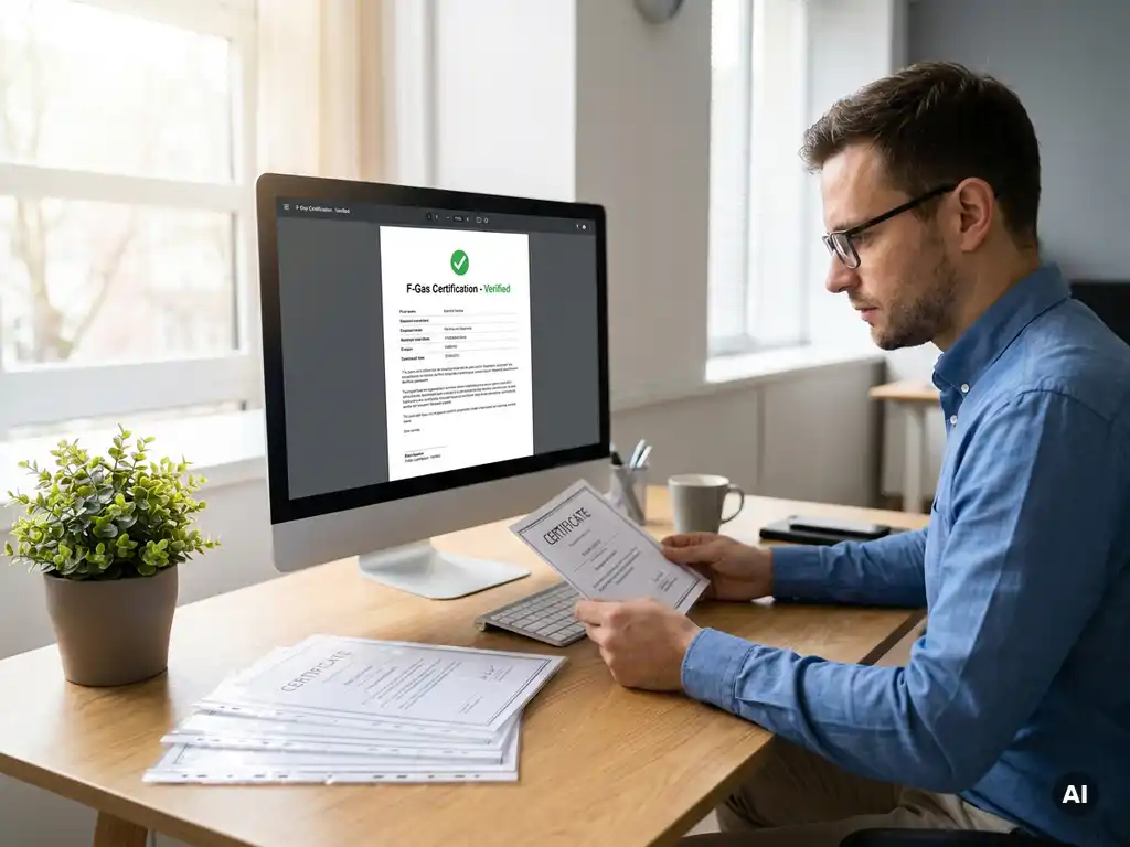 Computer met digitaal F-gas certificaat op bureau, werknemer bekijkt documenten, ochtendlicht door raam, fotorealistische stijl.