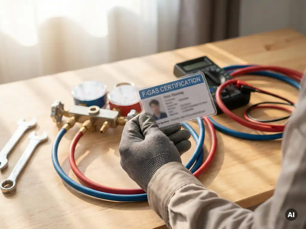 Technicus houdt F-gascertificaat vast, omringd door HVAC-gereedschap op werkbank, met zachte schaduwen en natuurlijke lichtinval.