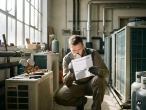 Technicus onderzoekt F-gas certificaat bij HVAC-apparatuur in moderne werkplaats, zonlicht door raam, filmische diepte.
