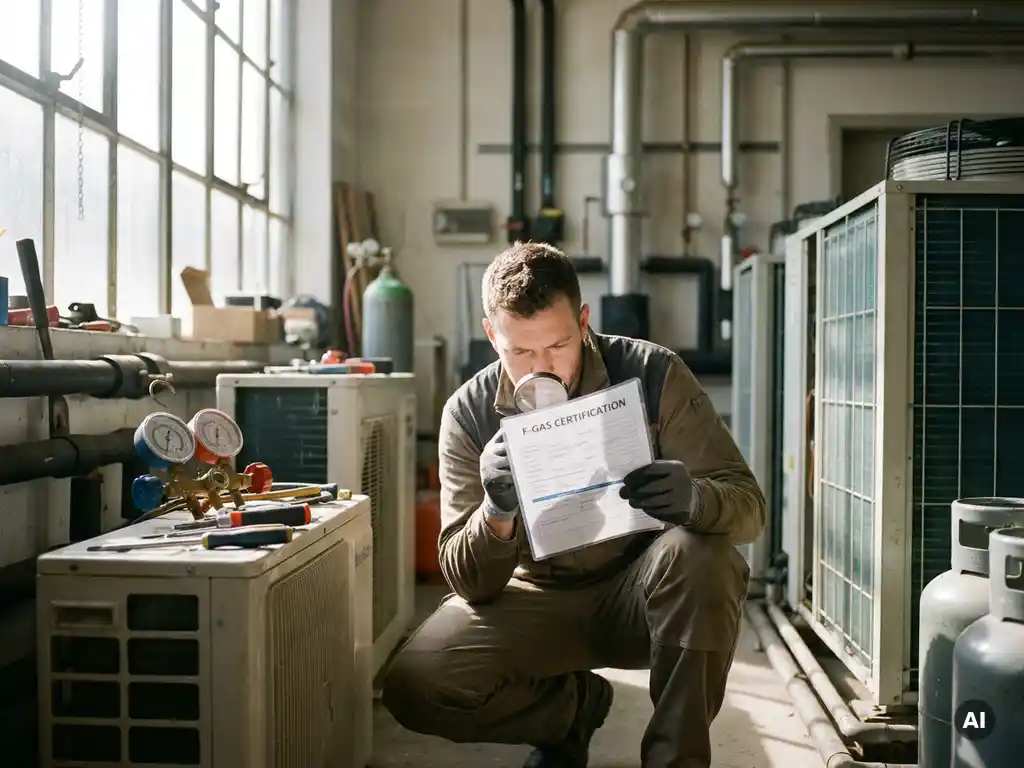 Technicus onderzoekt F-gas certificaat bij HVAC-apparatuur in moderne werkplaats, zonlicht door raam, filmische diepte.