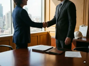 Freelancer in pak schudt handen met klant, contract op tafel, helm en checklist nabij, warme verlichting, kantooromgeving.