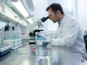Glas water op laboratoriumtafel met wetenschappelijke apparatuur en gefocuste wetenschapper die watermonsters onderzoekt.