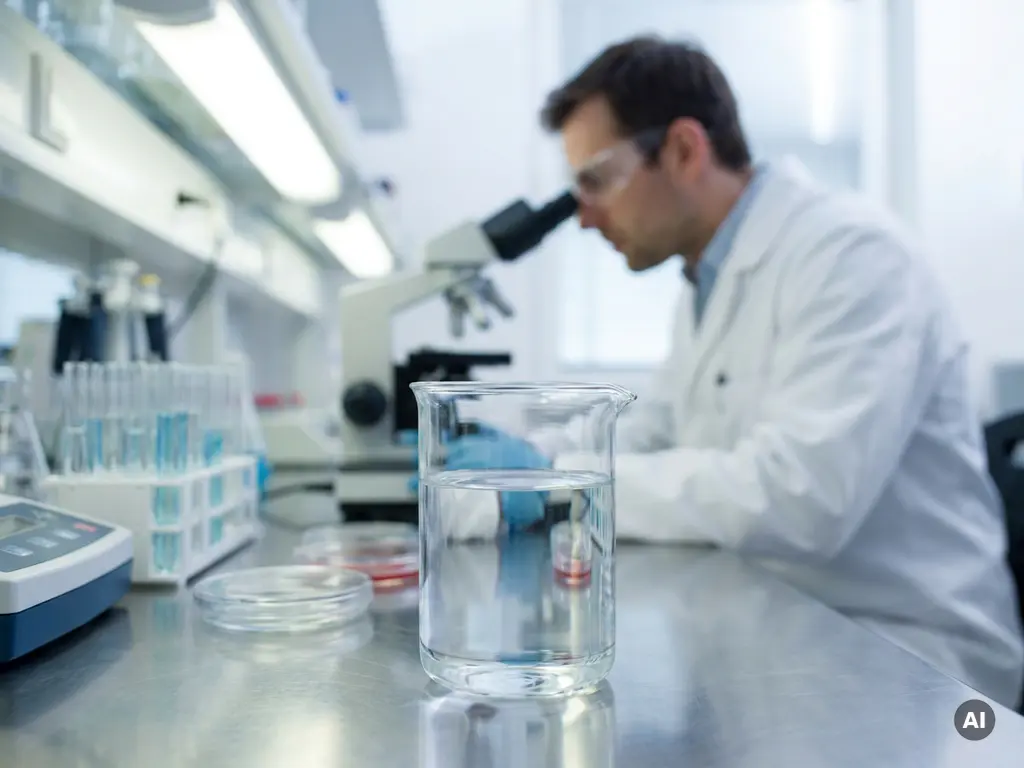 Glas water op laboratoriumtafel met wetenschappelijke apparatuur en gefocuste wetenschapper die watermonsters onderzoekt.