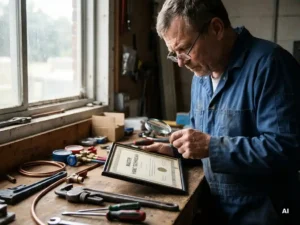Ervaren HVAC-technicus onderzoekt certificaat, omringd door gereedschap op werkbank, met zacht licht door raam.