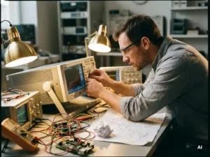 Ingenieur onderzoekt complexe stroomkwaliteitsanalysator op werkbank met elektrische componenten en schakelschema's, sfeerverlichting.
