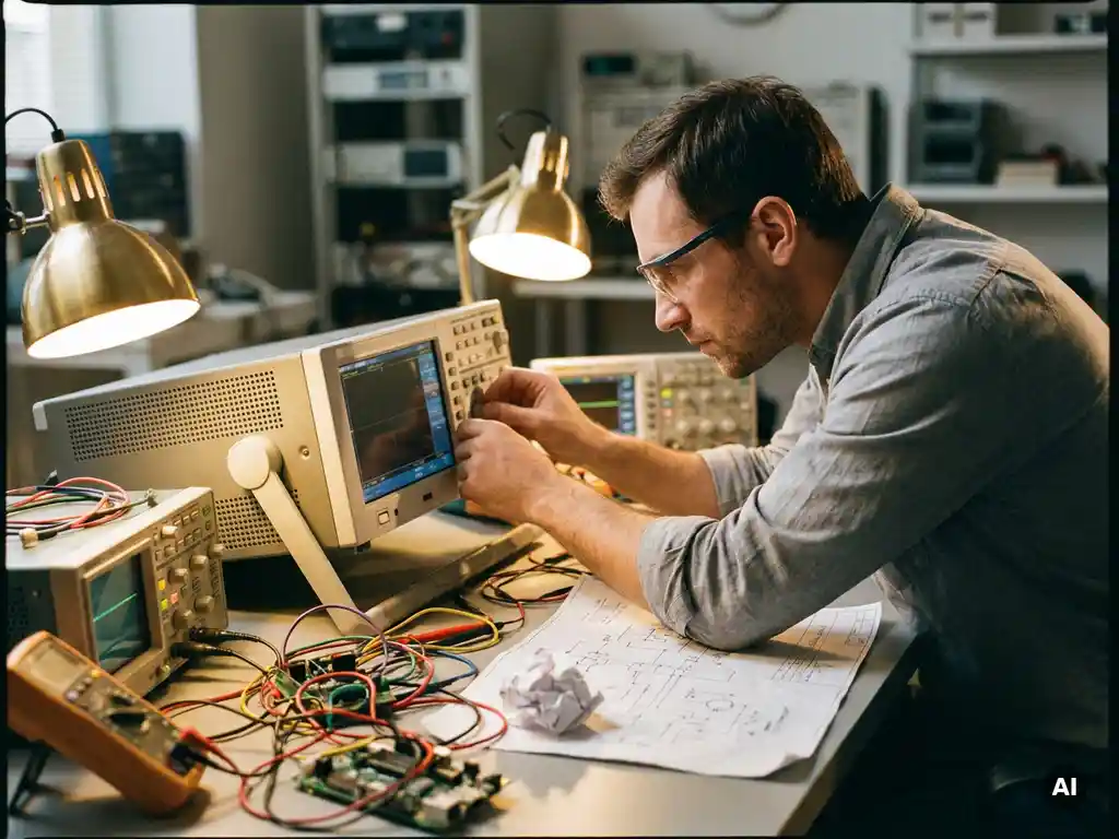 Ingenieur onderzoekt complexe stroomkwaliteitsanalysator op werkbank met elektrische componenten en schakelschema's, sfeerverlichting.