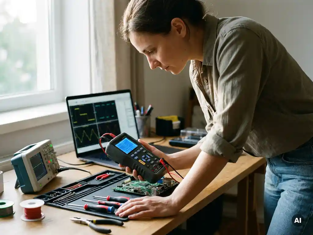 Ingenieur onderzoekt aandachtig een spanningsanalysator, omringd door elektrische gereedschappen en een laptop met complexe grafieken.