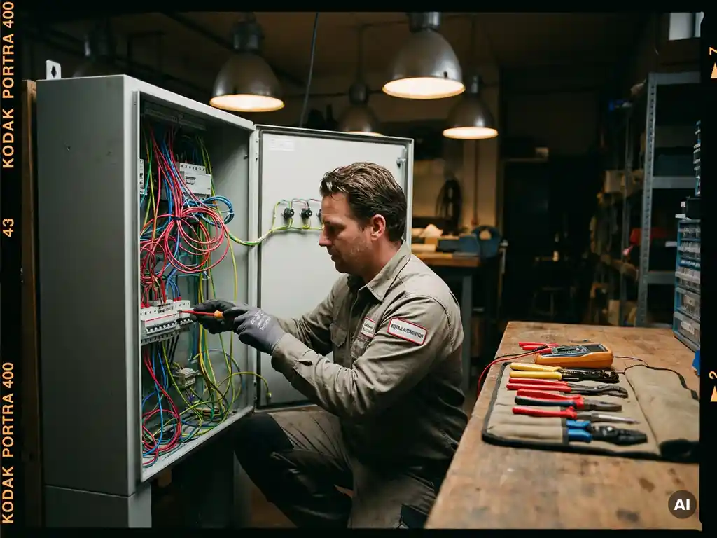 Installatiemonteur past kleurrijke draden aan in open elektrisch paneel, gereedschap op werkbank, warme werkplaatsverlichting.