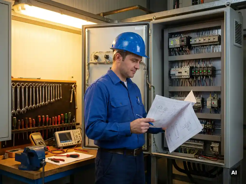 Installatietechnicus onderzoekt schema naast complex bedieningspaneel, met gereedschap op werkbank, in zacht bovenlicht.