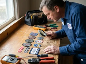 Technicus in blauwe overall onderzoekt certificeringsbadges op houten werkbank, omringd door gereedschap, met natuurlijk licht.