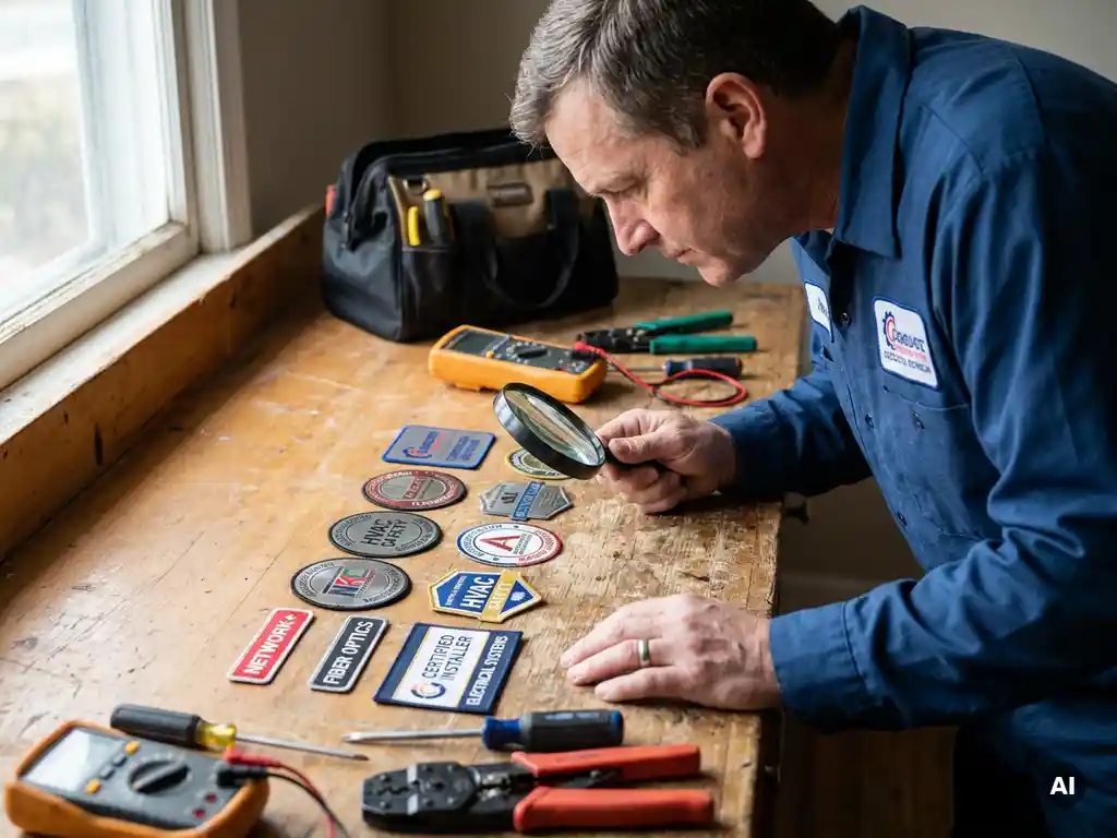 Technicus in blauwe overall onderzoekt certificeringsbadges op houten werkbank, omringd door gereedschap, met natuurlijk licht.