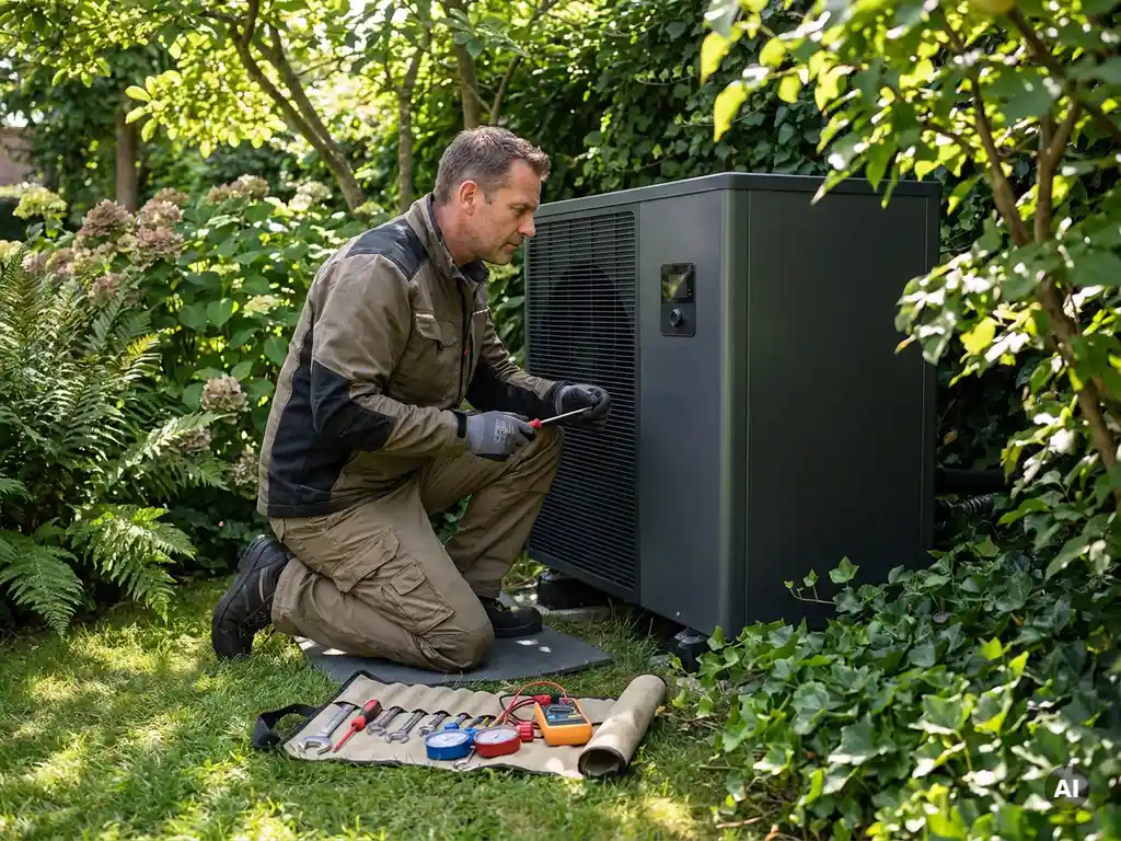 Installatietechnicus werkt aan moderne warmtepomp in tuin, omgeven door groen, met gereedschap en zonlicht op achtergrond.
