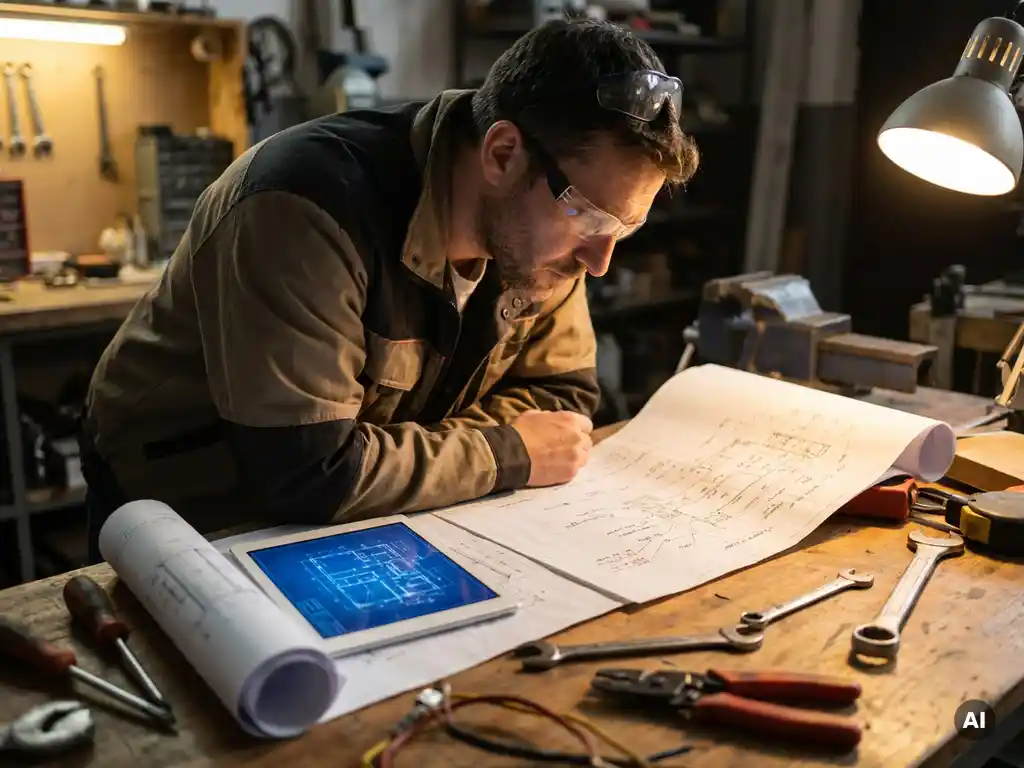 Installatietechnicus onderzoekt ontwikkelingsplan op werkbank met gereedschap, blauwdruk en tablet met digitaal schema in warme werkplaats.