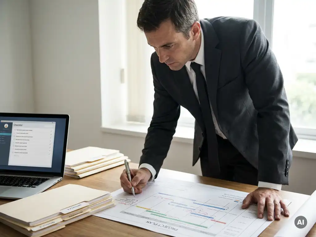Zakelijke persoon onderzoekt projectplan met pen, omringd door laptop met checklist en ordners, natuurlijk licht door raam.