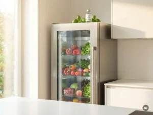 Moderne koelkast met glazen deur toont verse producten, natuurlijke koelmiddelvial en groene bladeren in heldere keukenomgeving.