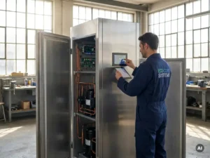 Moderne koelunit met open deur, technicus in blauw uniform past digitale bediening aan, helder verlichte industriële werkplaats.