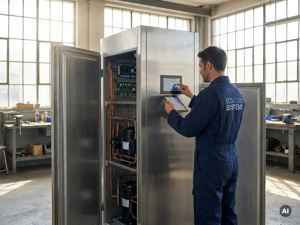 Moderne koelunit met open deur, technicus in blauw uniform past digitale bediening aan, helder verlichte industriële werkplaats.
