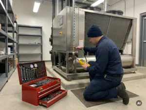 Technicus onderzoekt lekkage bij industriële koelunit met detectieapparaat, gereedschapskist open in goed verlichte technische ruimte.
