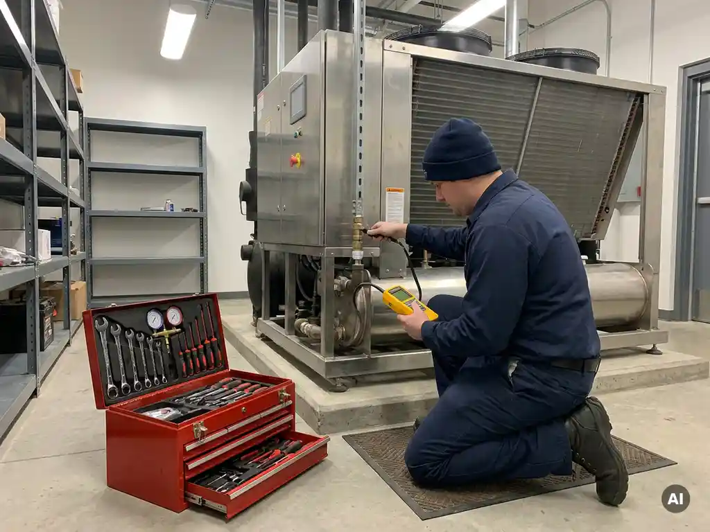 Technicus onderzoekt lekkage bij industriële koelunit met detectieapparaat, gereedschapskist open in goed verlichte technische ruimte.