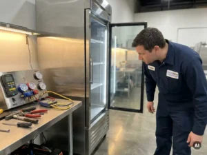 Technicus onderzoekt meters naast moderne koelkast met open deur, werkbank met gereedschap, zachte verlichting, gedetailleerd beeld.