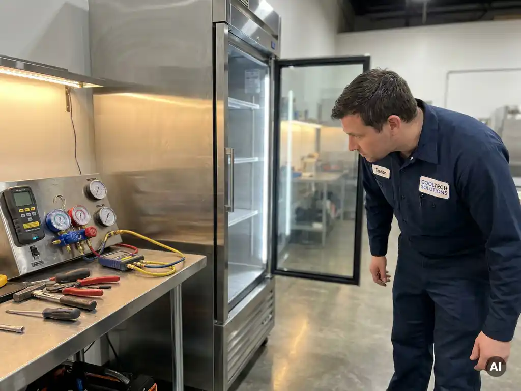 Technicus onderzoekt meters naast moderne koelkast met open deur, werkbank met gereedschap, zachte verlichting, gedetailleerd beeld.