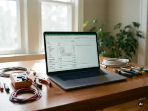 Laptop met belastingberekening op scherm, omringd door elektrische gereedschappen op houten bureau, zacht natuurlijk licht.