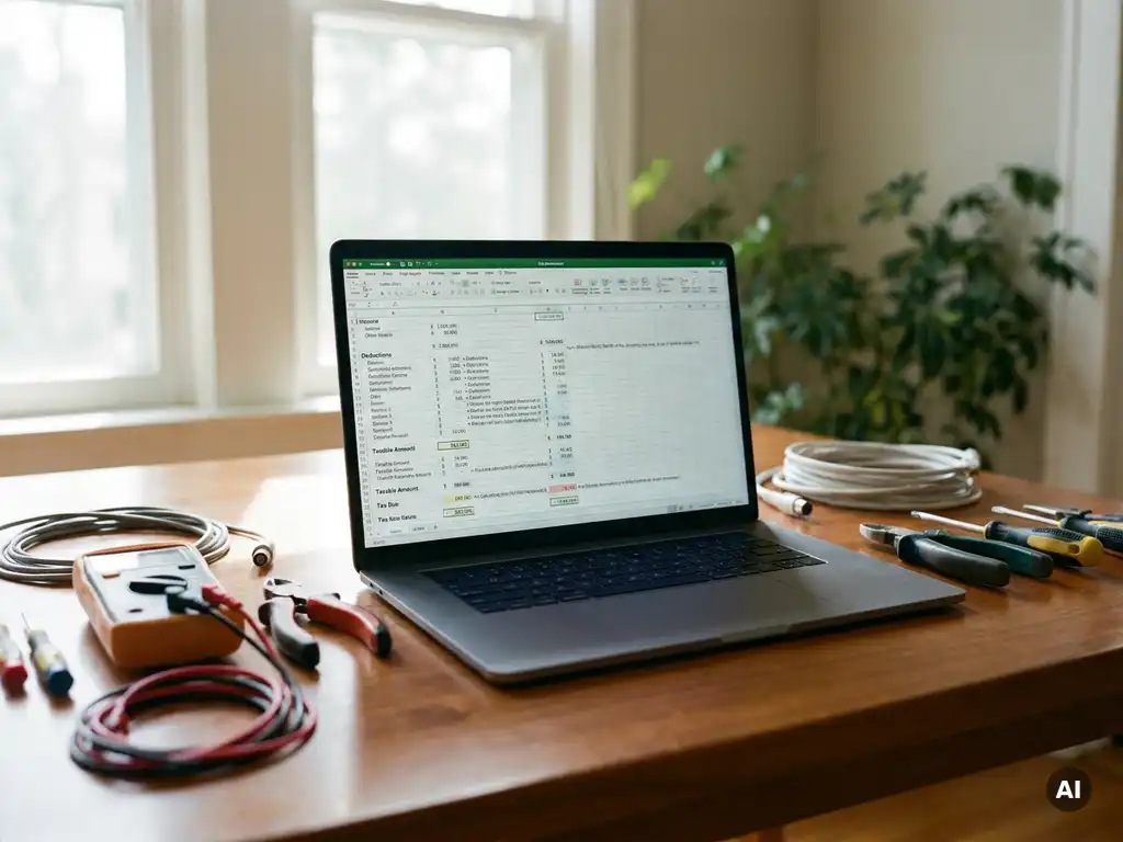 Laptop met belastingberekening op scherm, omringd door elektrische gereedschappen op houten bureau, zacht natuurlijk licht.