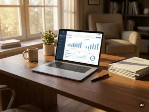 Moderne laptop op houten bureau met gedetailleerd digitaal rapport, grafieken, papieren, pen en zacht natuurlijk licht.