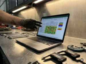 Laptop met trainingsmatrix op werkbank, omringd door gereedschap, technicus reikt naar scherm, industrieel verlichte omgeving.