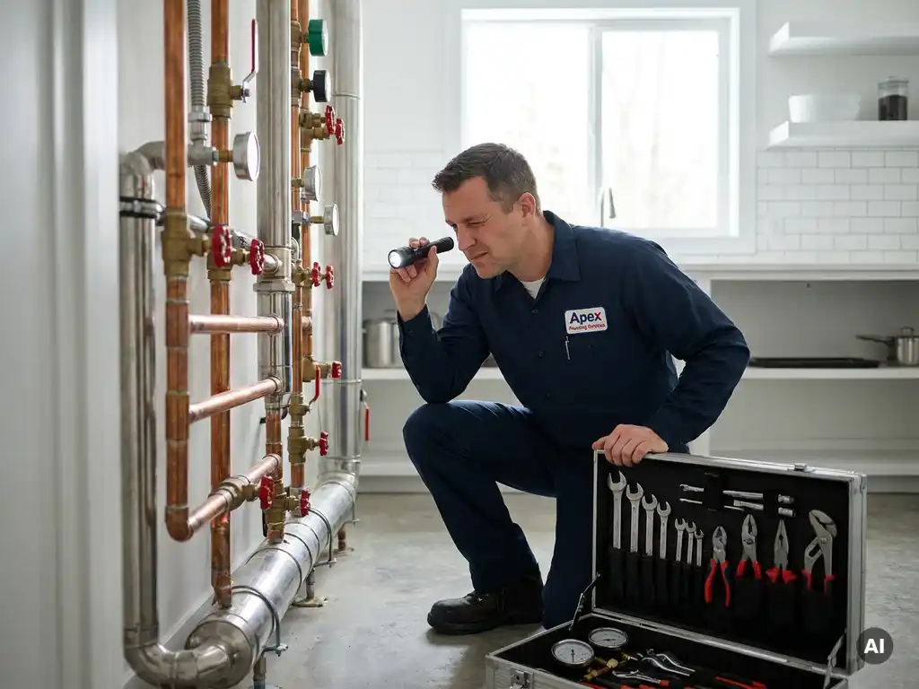 Vakkundige loodgieter onderzoekt complexe pijpleidingen in moderne utiliteitsruimte, gereedschapskist naast hem, natuurlijk licht.