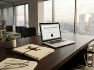 Laptop met digitaal certificaat op modern bureau, documenten met zegel, plantje, natuurlijk licht, fotorealistisch.