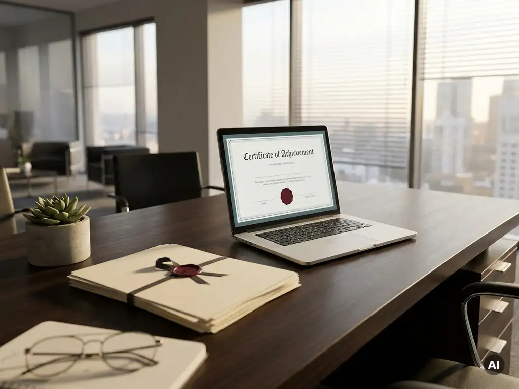 Laptop met digitaal certificaat op modern bureau, documenten met zegel, plantje, natuurlijk licht, fotorealistisch.