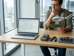 Moderne bureautafel met open laptop, complexe elektrische schakeling, precisiegereedschap en teamlid onderzoekt printplaat.