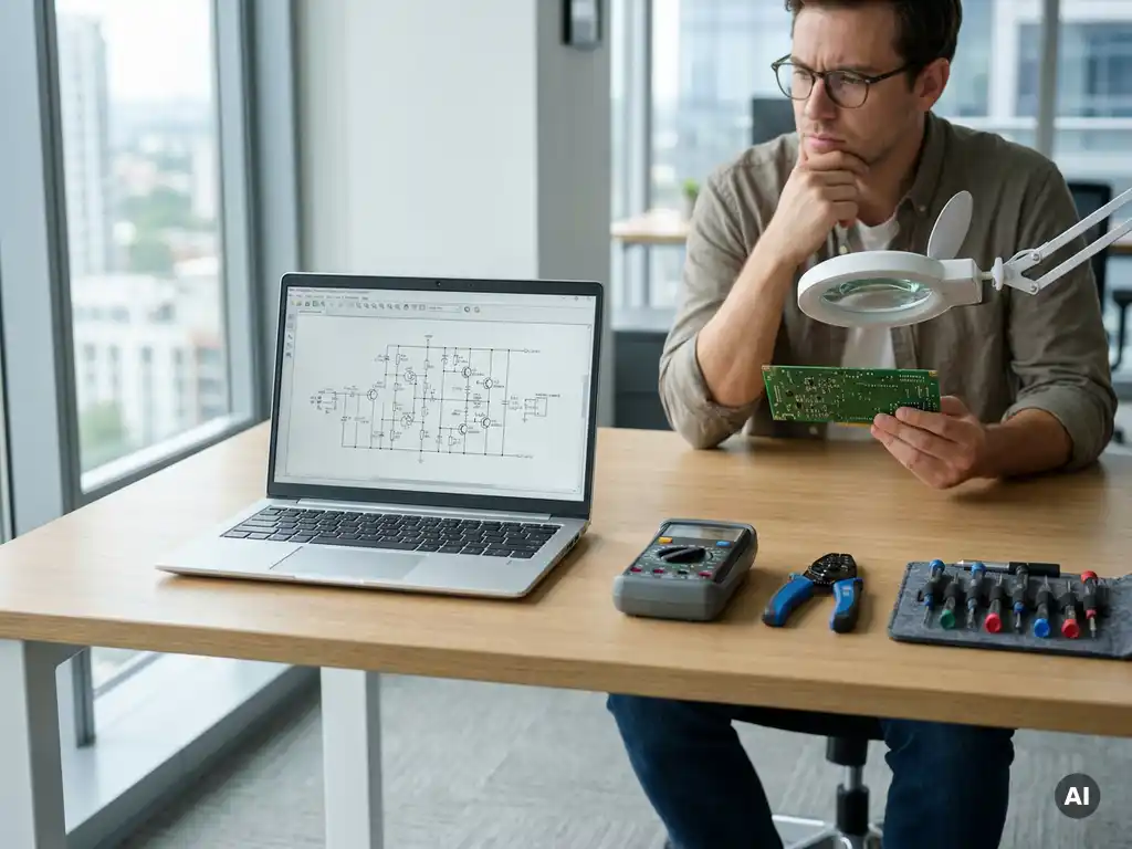 Moderne bureautafel met open laptop, complexe elektrische schakeling, precisiegereedschap en teamlid onderzoekt printplaat.