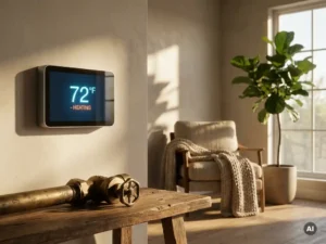 Digitale thermostaat aan muur in moderne woonkamer, oude radiatorafsluiter op tafel, fauteuil en plant in zonlicht op achtergrond.