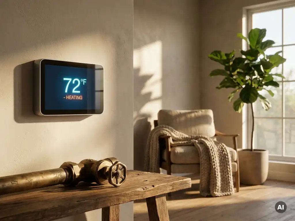 Digitale thermostaat aan muur in moderne woonkamer, oude radiatorafsluiter op tafel, fauteuil en plant in zonlicht op achtergrond.