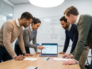 Technisch team bespreekt NEN 3140 checklist op laptop, met whiteboarddiagrammen op achtergrond, in professionele vergaderruimte.