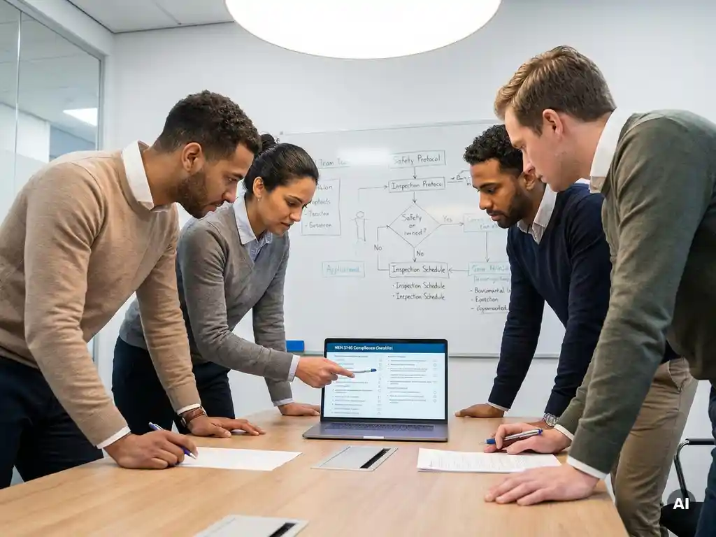Technisch team bespreekt NEN 3140 checklist op laptop, met whiteboarddiagrammen op achtergrond, in professionele vergaderruimte.