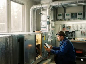 Onderhoudstechnicus onderzoekt modern ventilatiesysteem met complexe leidingen en bedieningspanelen in een nette werkruimte.