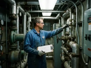 Onderhoudstechnicus inspecteert waterleidingen en kleppen in utiliteitsruimte, met clipboard, onder fluorescerend licht.