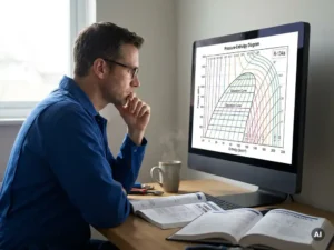 Technicus bestudeert p-h-diagram op computerscherm, omringd door technische handleidingen en koffie op modern bureau.
