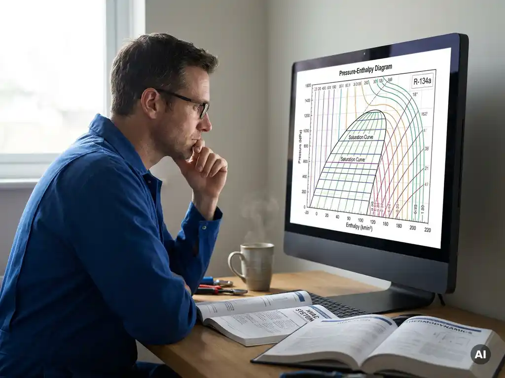 Technicus bestudeert p-h-diagram op computerscherm, omringd door technische handleidingen en koffie op modern bureau.