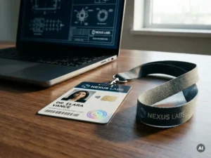 Professionele ID-badge op modern bureau, laptop met technische diagrammen op achtergrond, zacht natuurlijk licht, 35mm film.