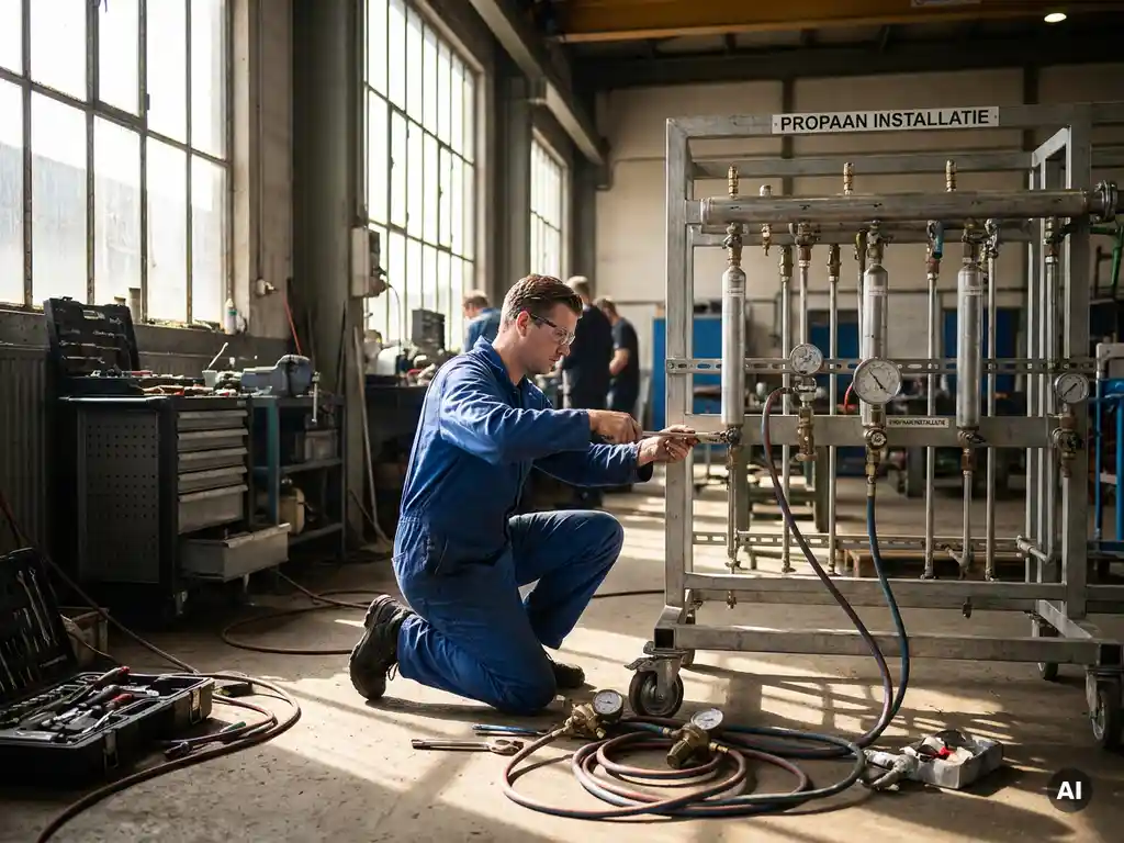 Technicus in blauwe overall stelt propaaninstallatie af in zonovergoten werkplaats met gereedschap en meters.